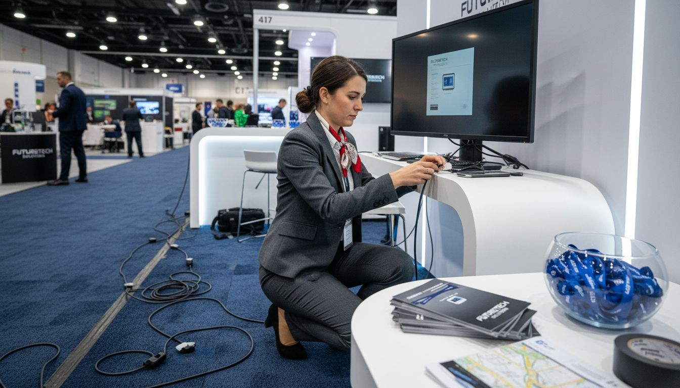 Staff member setting up interactive booth display
