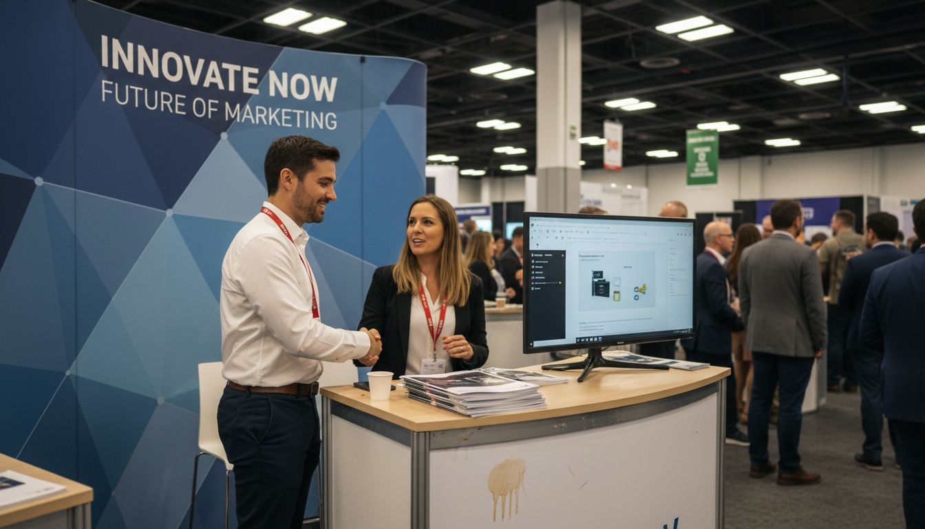 Busy team at branded trade show booth