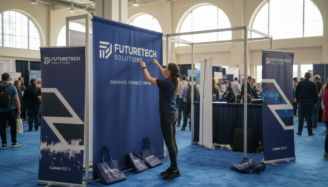 Staffer prepping branded exhibit backdrops