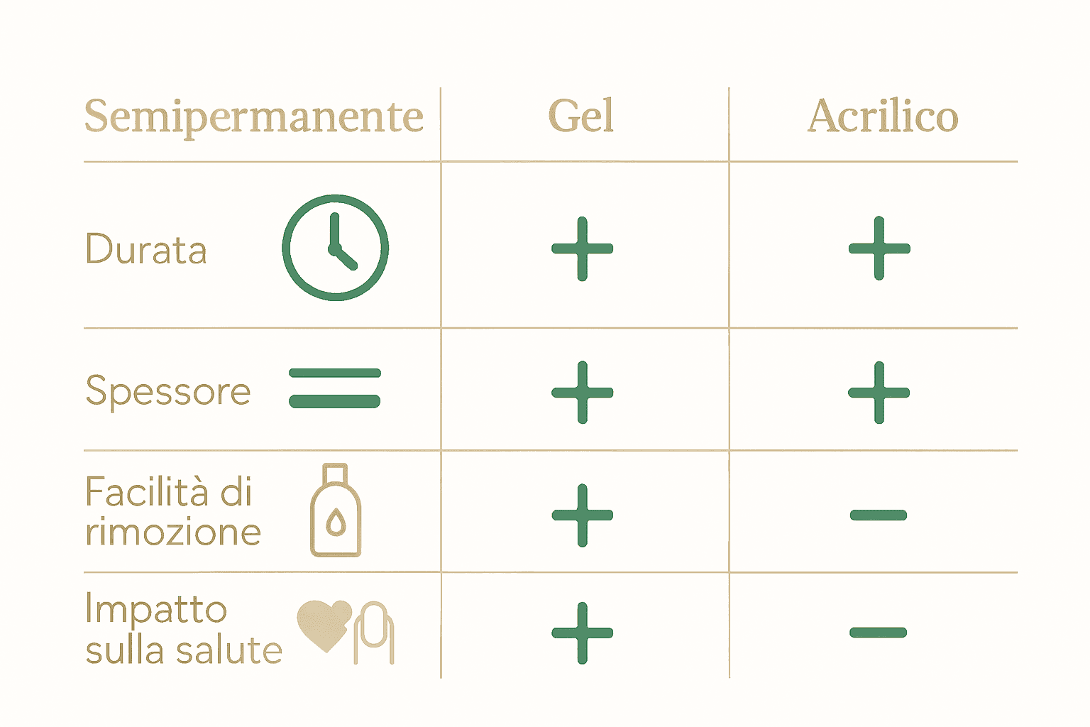 Infografica confronto tra semipermanente, gel e acrilico per durata, spessore e rimozione