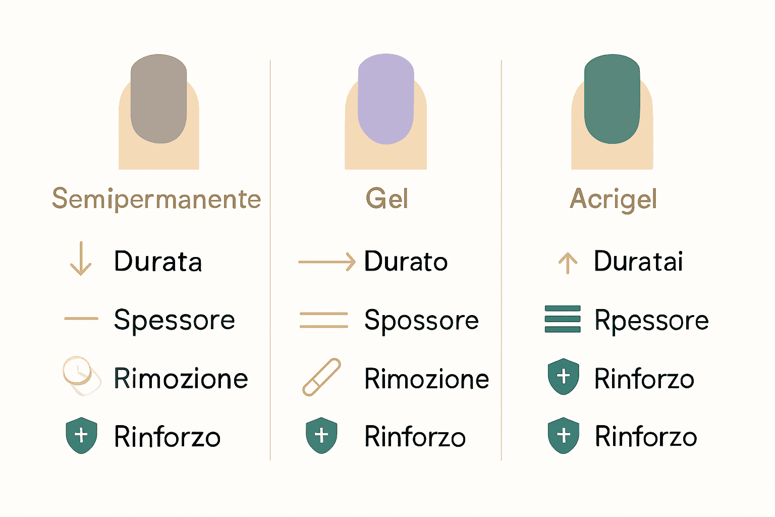 Infografica che confronta semipermanente, gel e acrigel per le unghie
