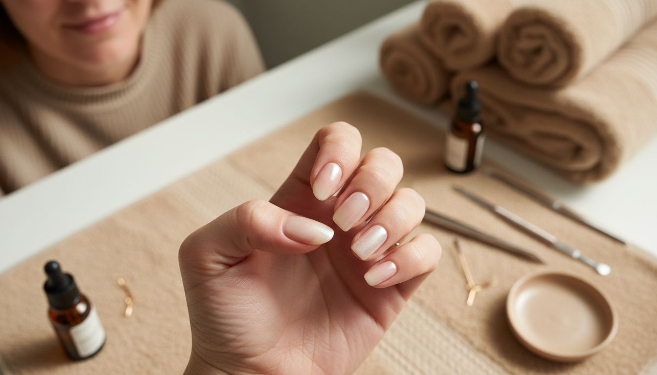 Hand with sculpted glossy nails after reconstruction