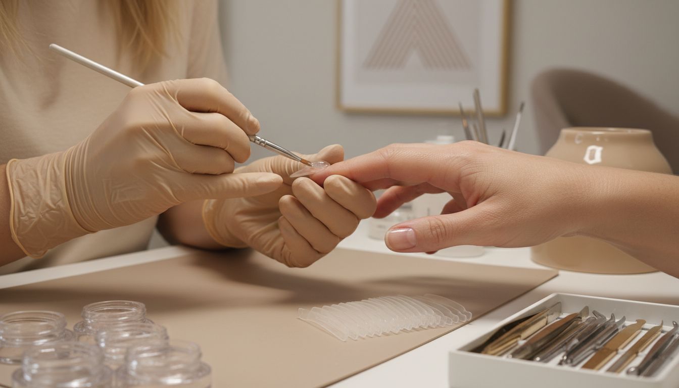 Technician applying gel for nail reconstruction
