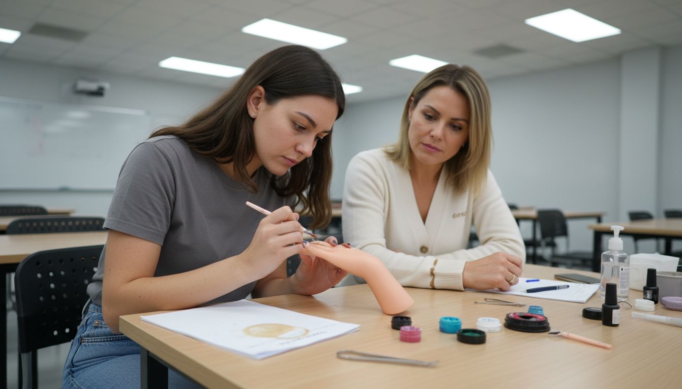 Student practicing nail art with instructor