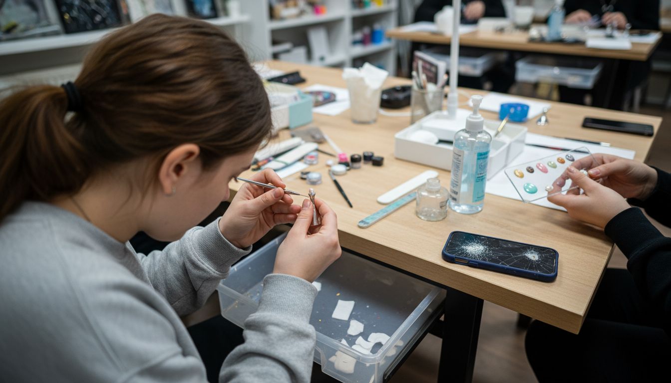 Students practicing nail techniques together