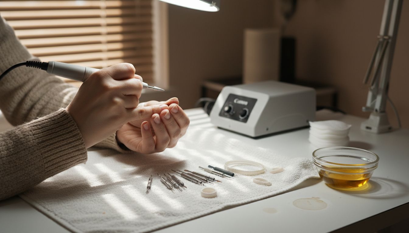 Technician preparing nail drill and tools