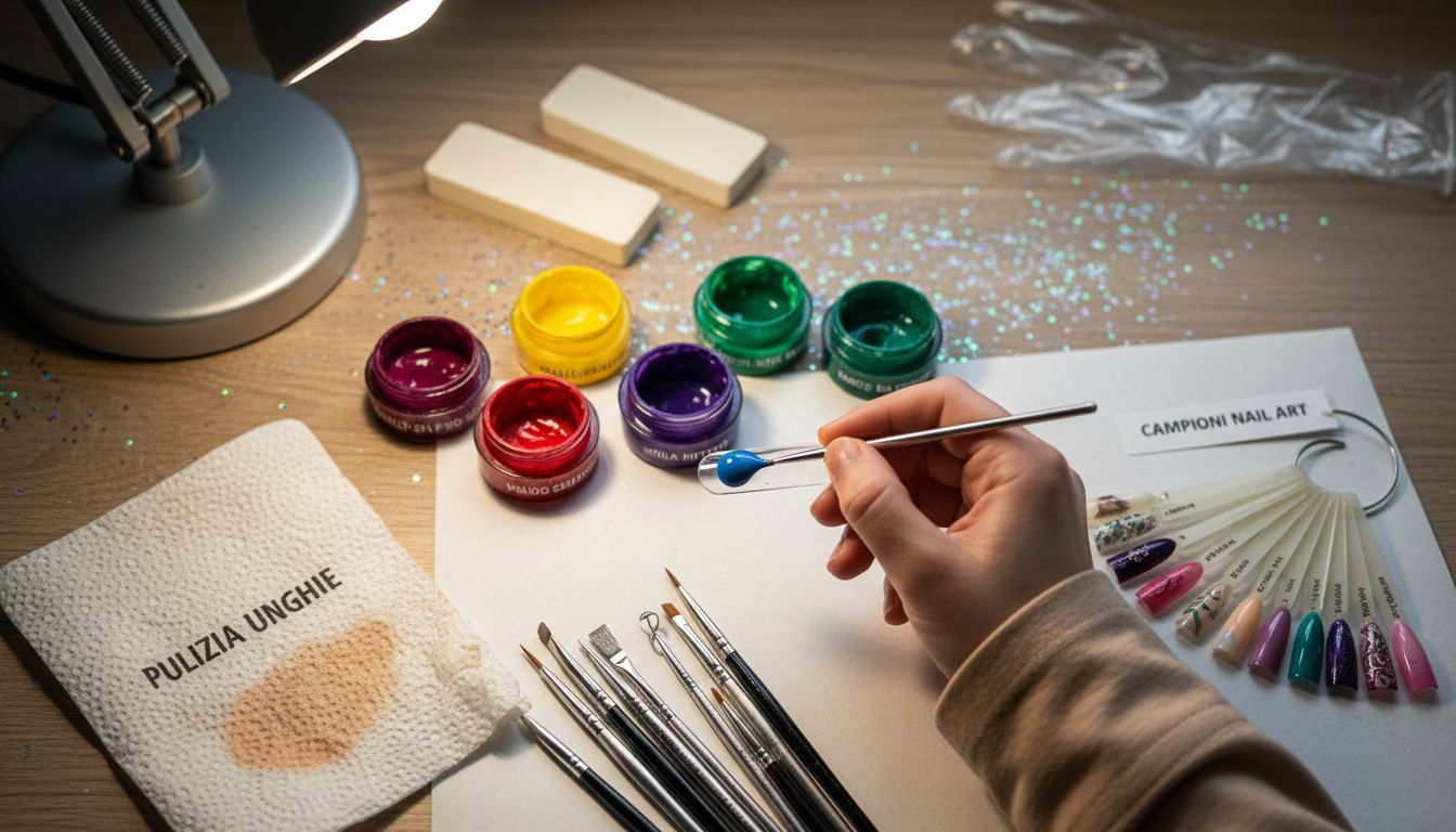 Gli strumenti per la nail art disposti sul tavolo da lavoro