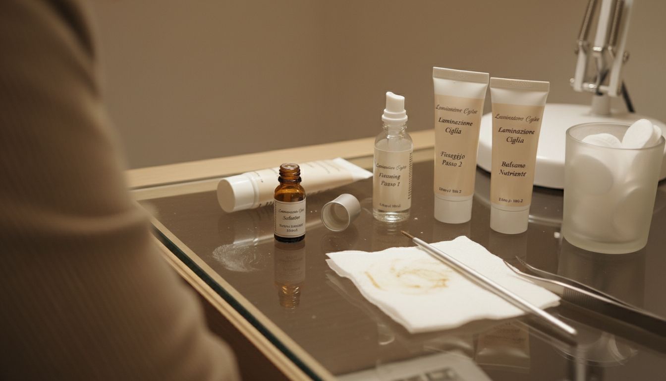 Prodotti per la laminazione delle ciglia esposti sul banco beauty