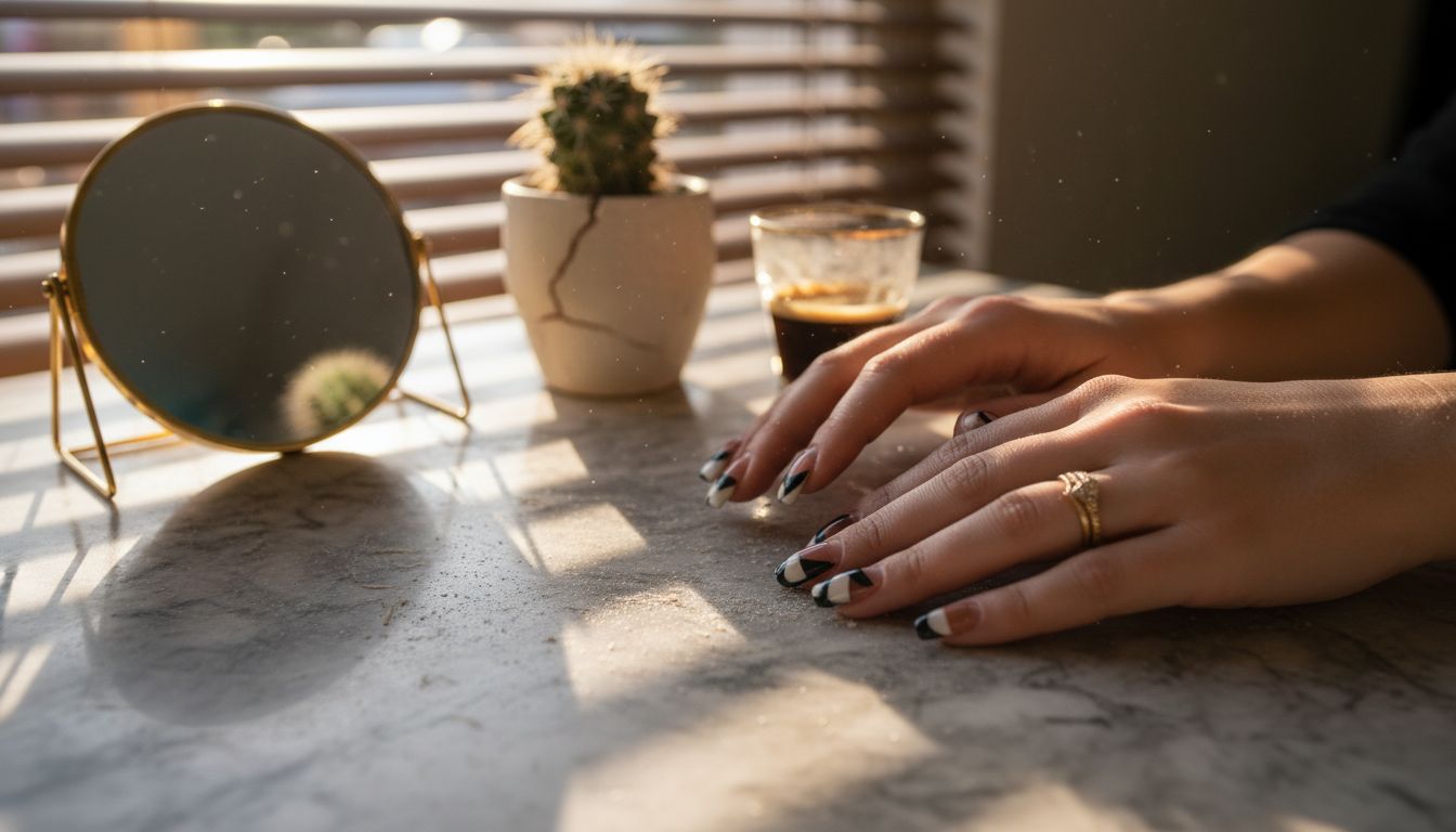 Primo piano su unghie dal design audace e curato nei minimi dettagli, come appena uscite dal salone.