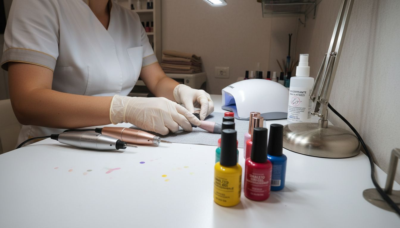 Onicotecnica che sistema strumenti e smalti sul tavolo di lavoro