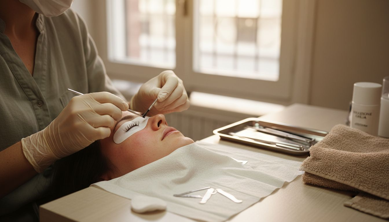 Posizionamento del cuscinetto in silicone sulle palpebre per la laminazione delle ciglia