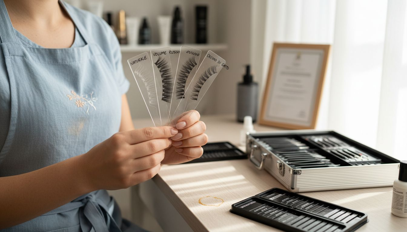 Tecnica che presenta diverse tipologie di extension ciglia ai clienti