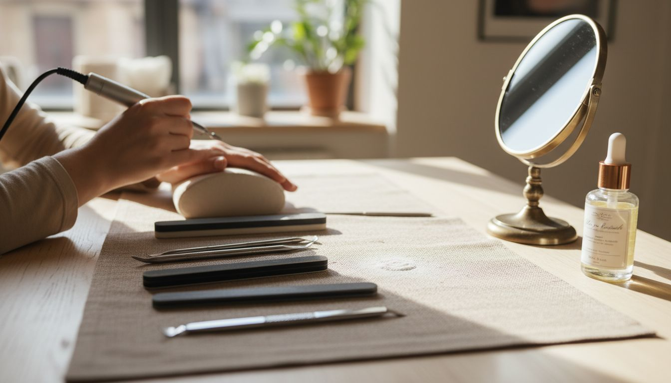 Postazione manicure russa con attrezzi professionali ben organizzati