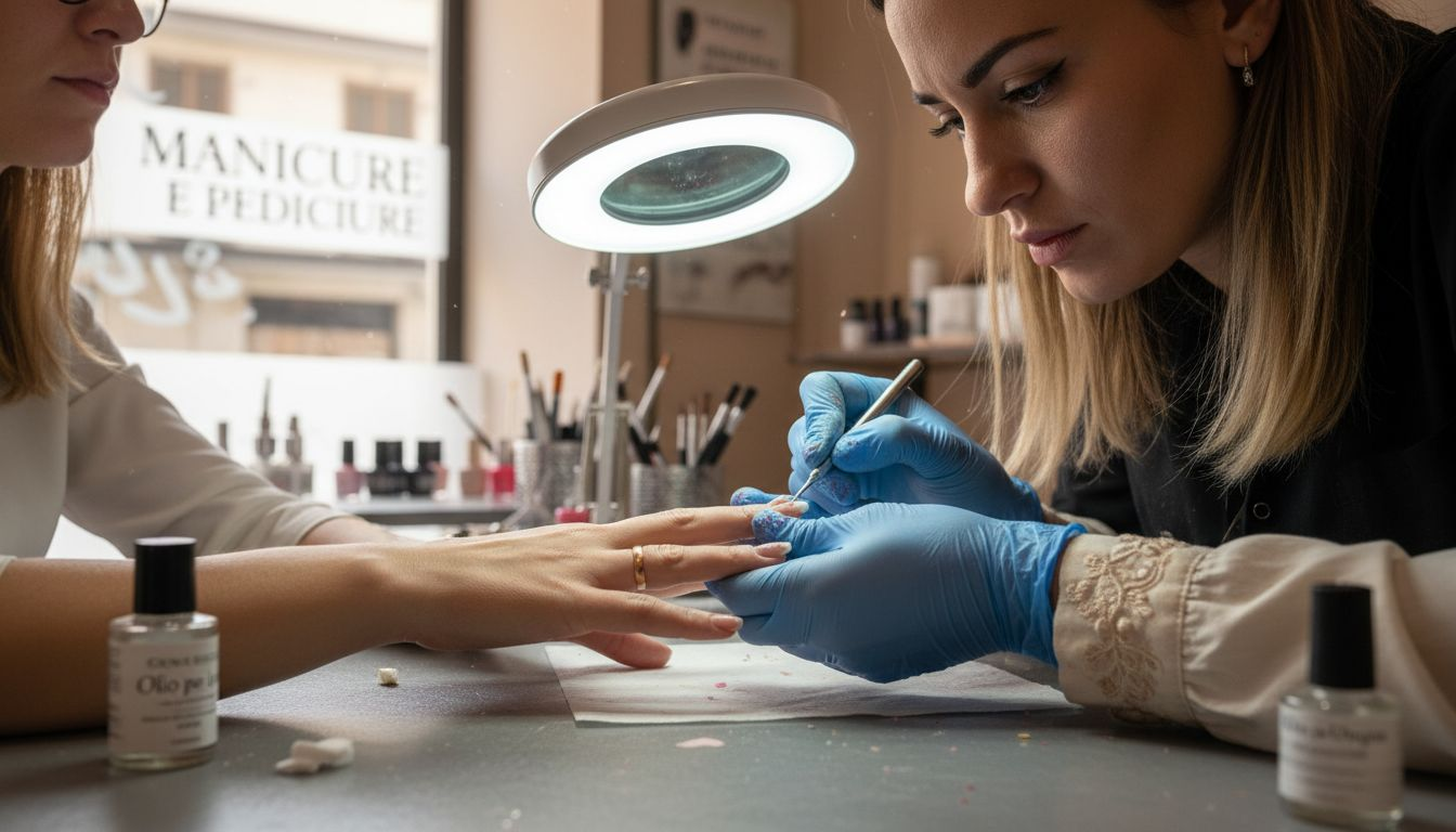 L’estetista delle unghie osserva attentamente le unghie naturali per valutarne lo stato.