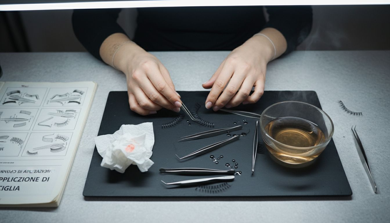 Le mani selezionano con cura gli strumenti necessari per l’applicazione delle ciglia.