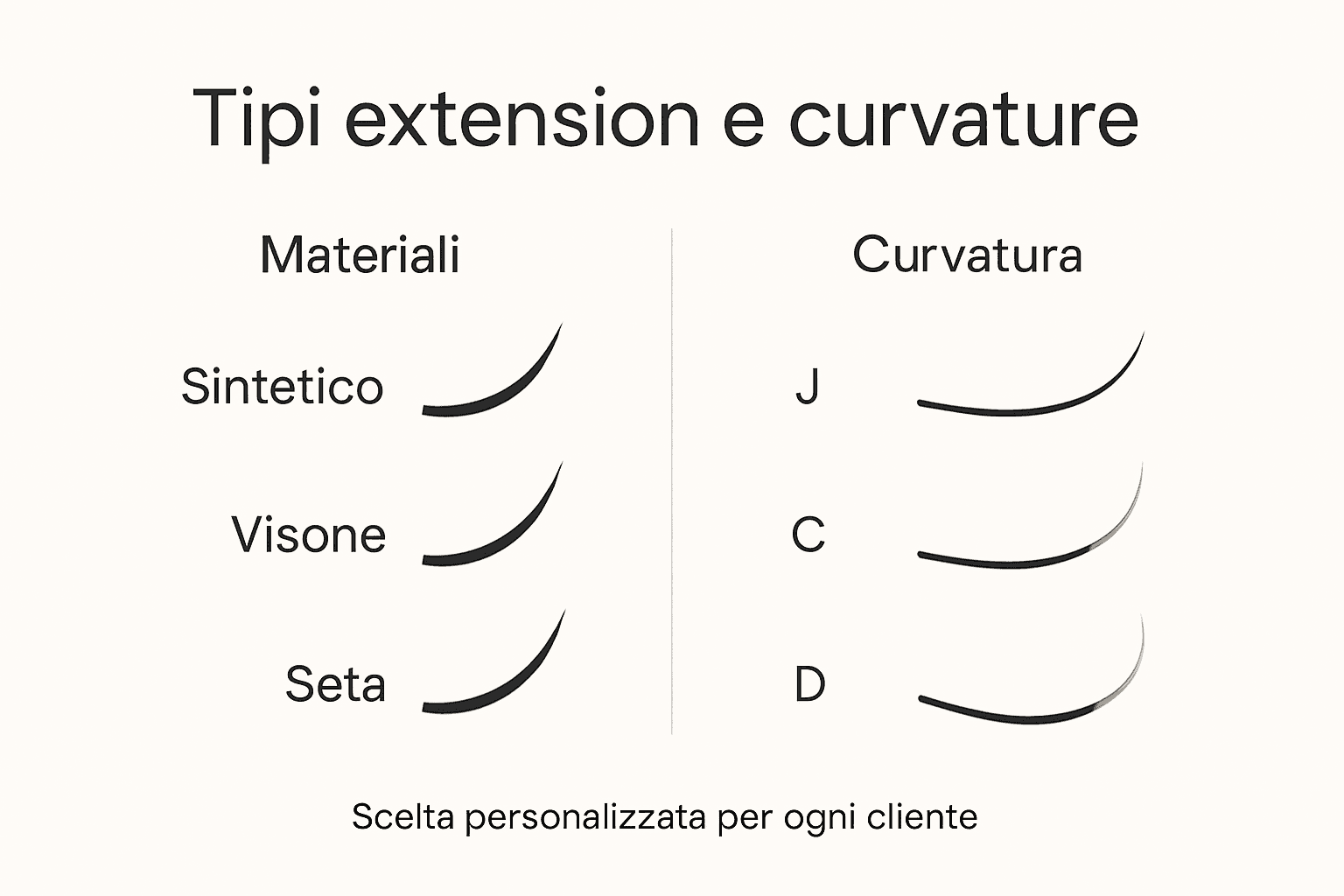Guida visiva ai materiali e alle curvature delle extension ciglia