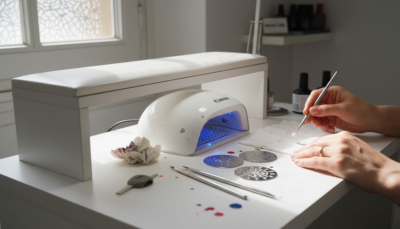 Strumenti professionali per nail art disposti sul tavolo da manicure