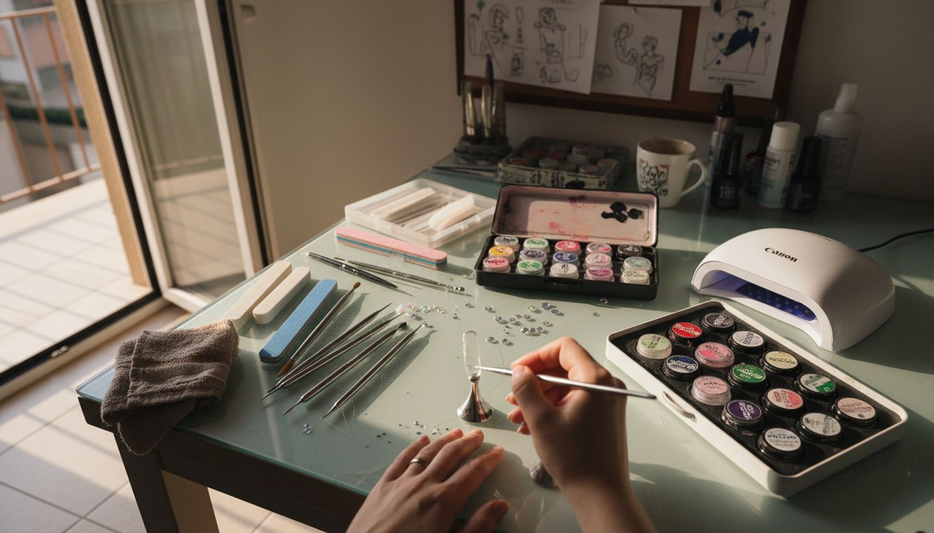 Accessori e prodotti per la nail art disposti sul tavolo di lavoro