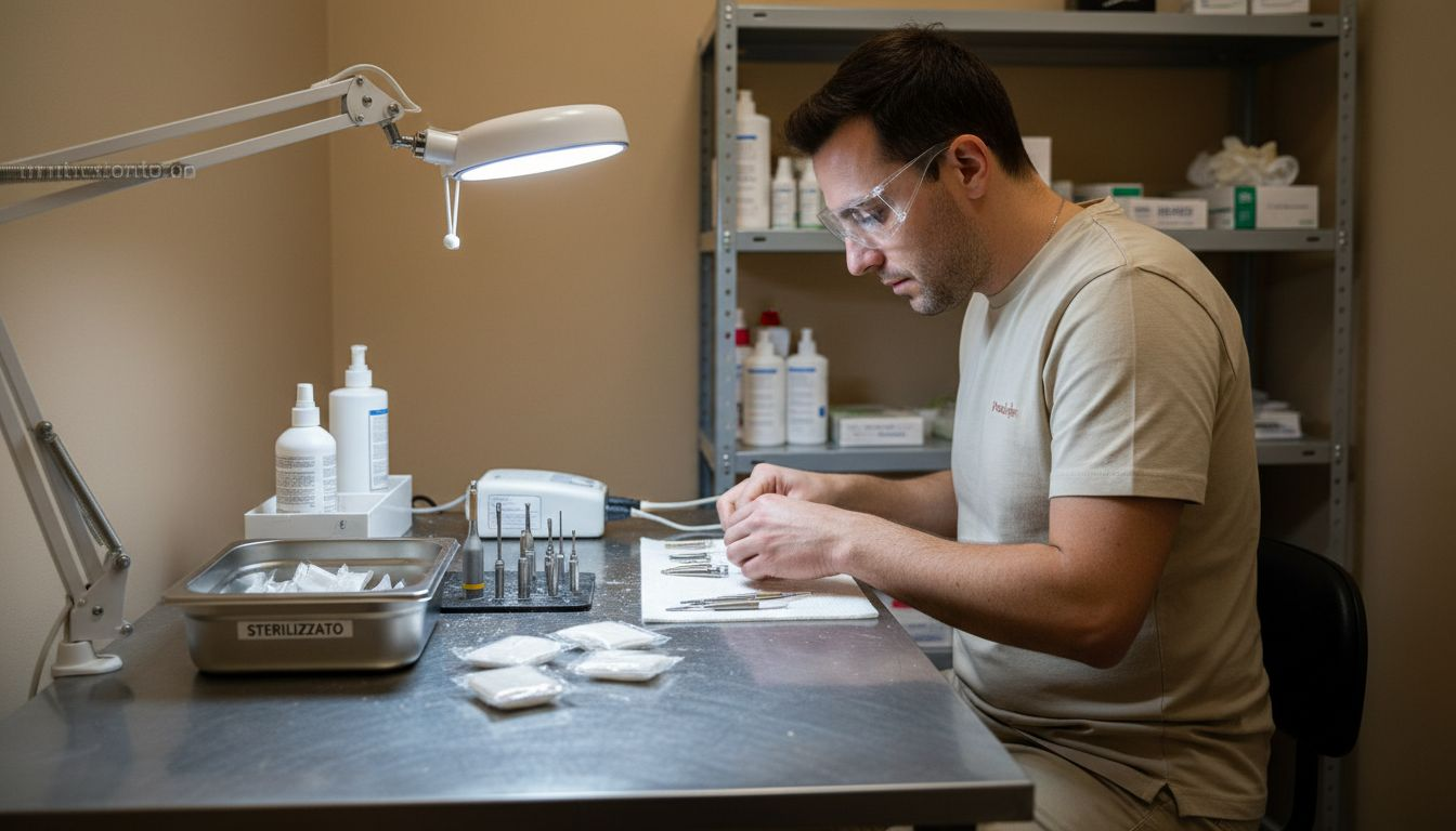 Il podologo a Milano prepara con cura gli strumenti per il pedicure, pronto ad accogliere i suoi pazienti.
