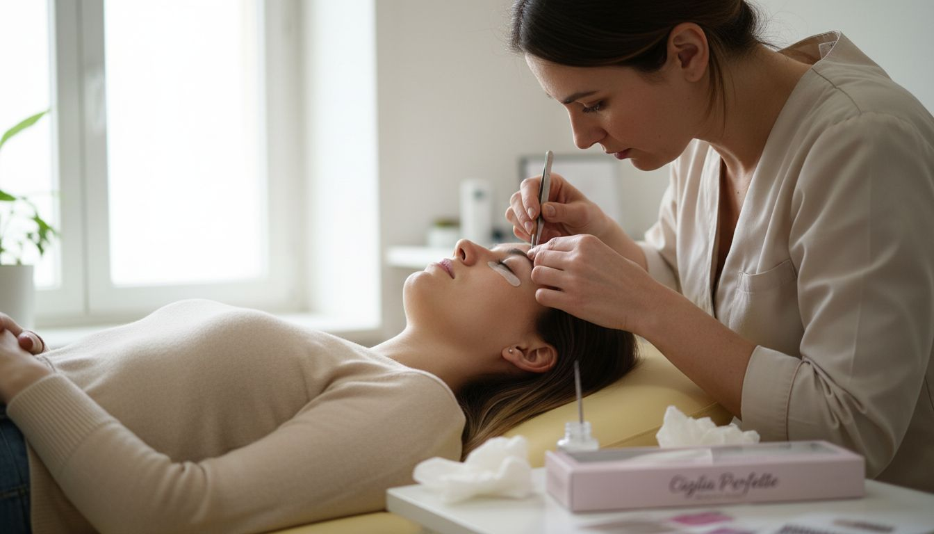 L’estetista esegue l’applicazione delle extension alle ciglia con tecnica professionale.