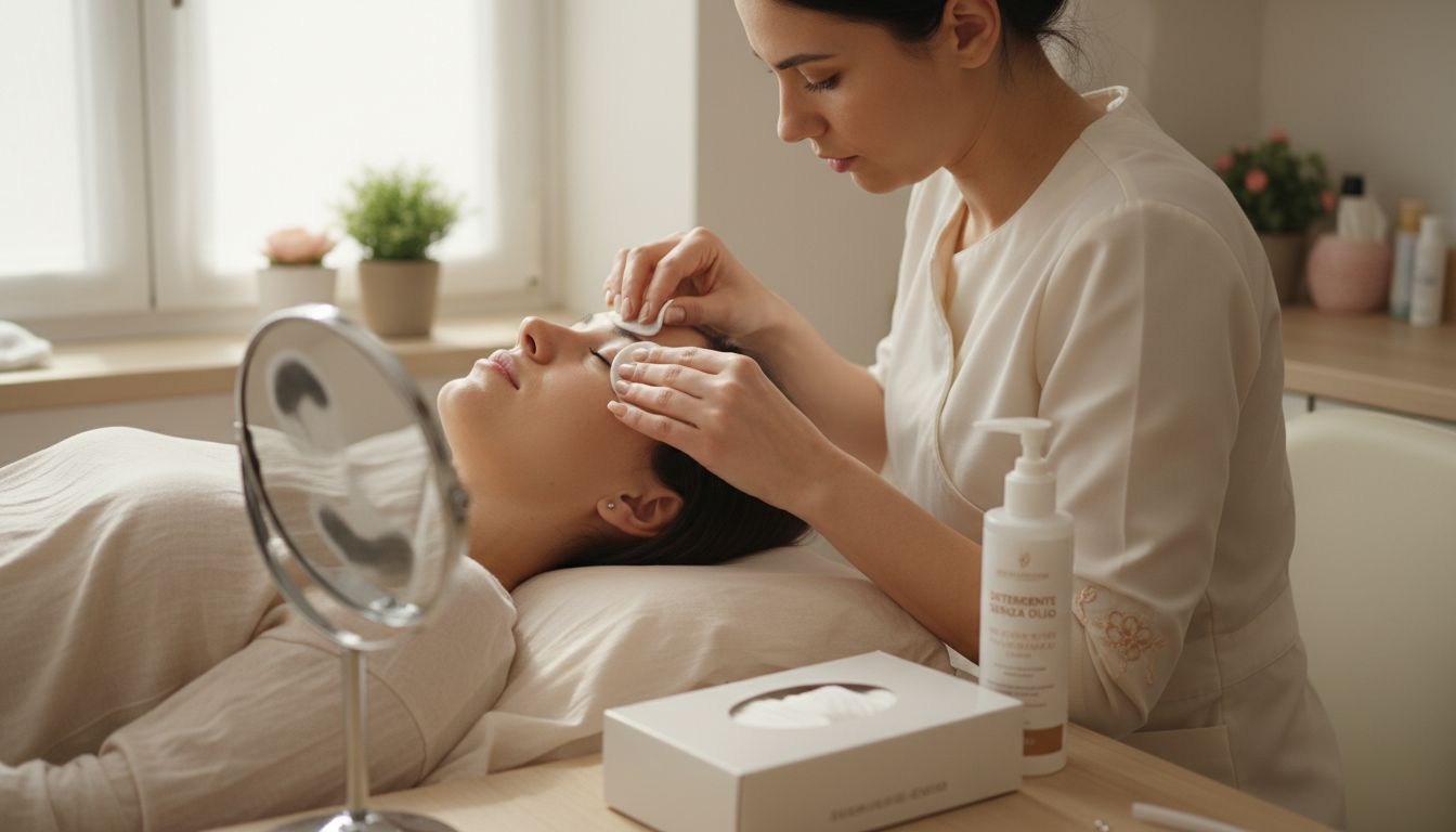 L'estetista si prende cura delle ciglia della cliente, pulendole accuratamente prima del trattamento di laminazione.