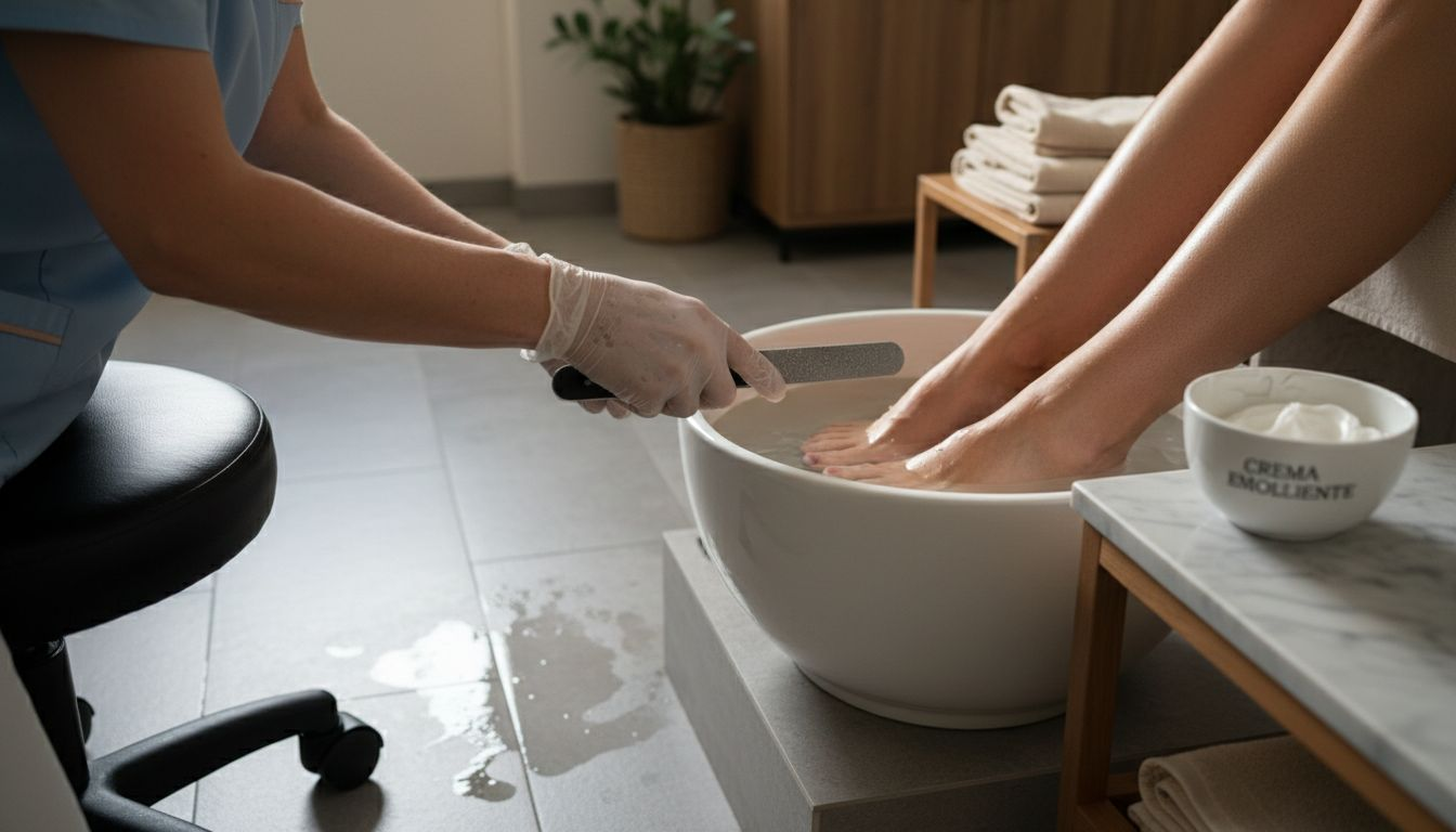 L’estetista elimina delicatamente i duroni dai piedi utilizzando una lima apposita.