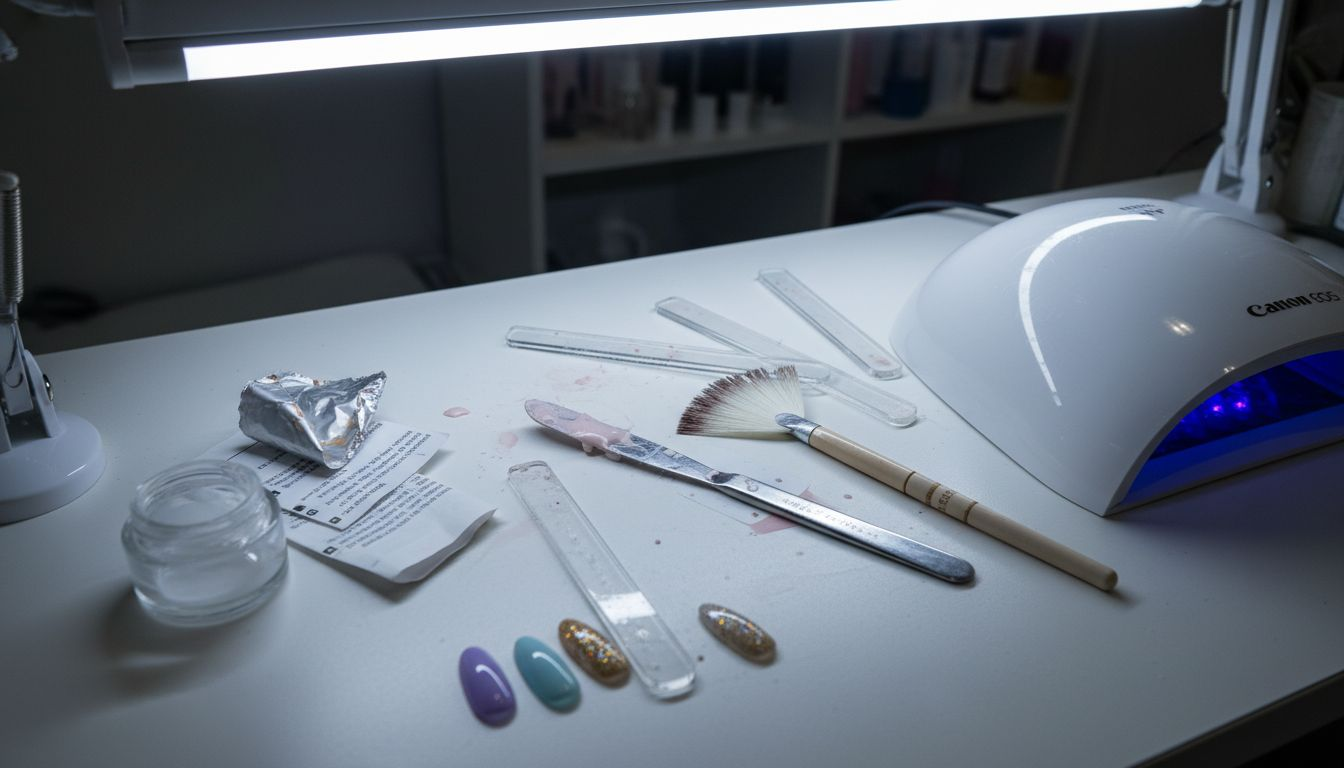 Tutto l'occorrente per la ricostruzione unghie con acrigel disposto sul tavolo