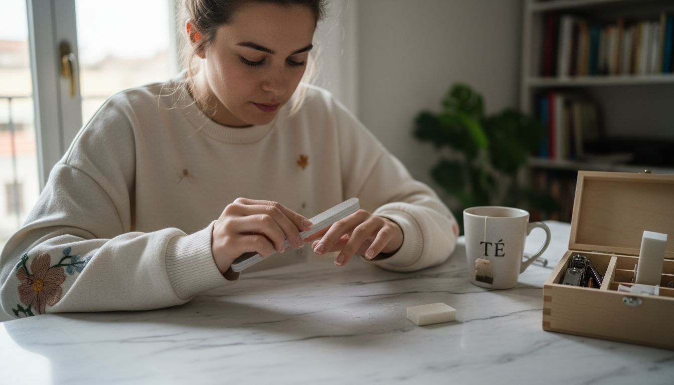 Donna che modella le unghie durante la realizzazione di una manicure francese