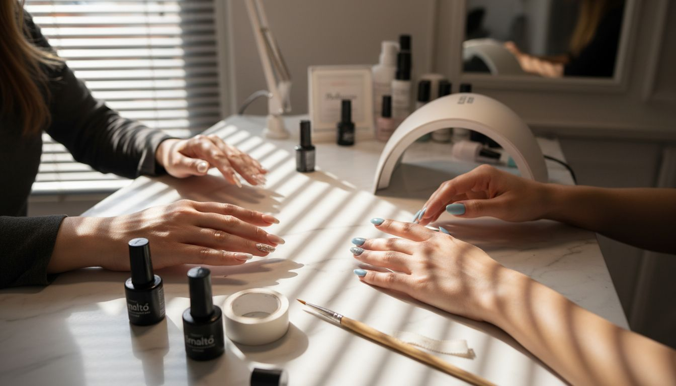 Sul tavolo del salone sono esposte diverse varianti di french manicure, pronte per ispirare le clienti.