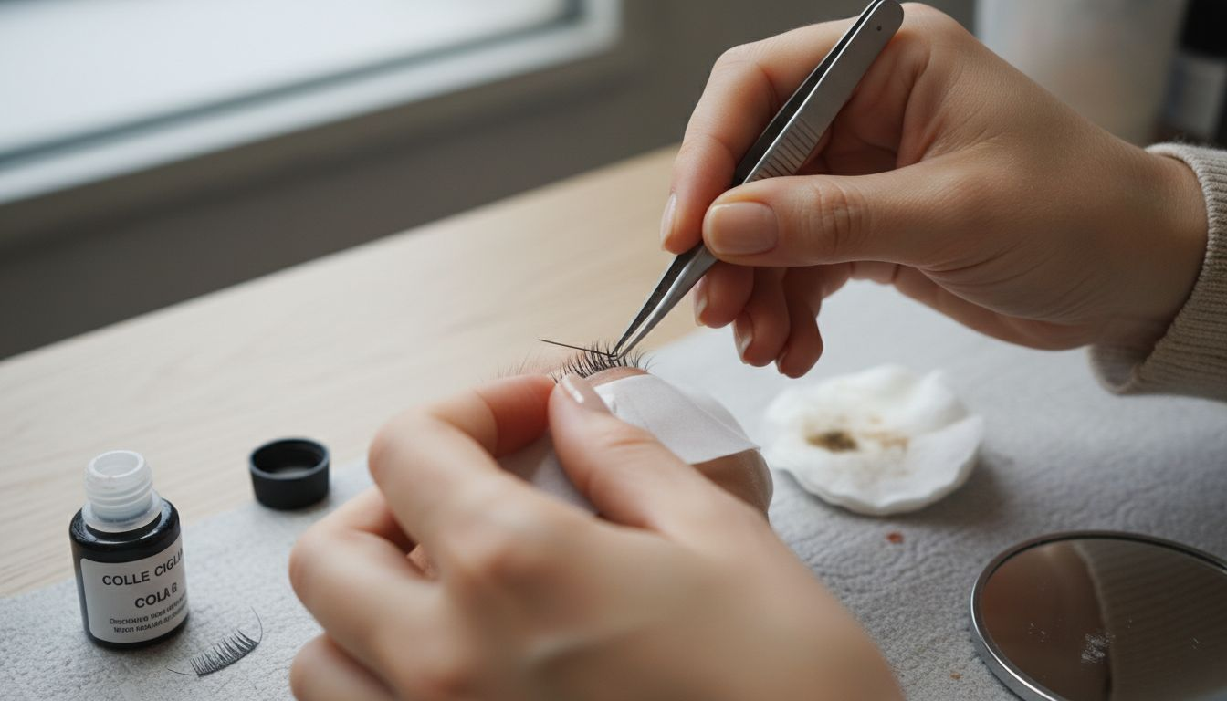 Dettaglio ravvicinato dell'applicazione delle extension ciglia