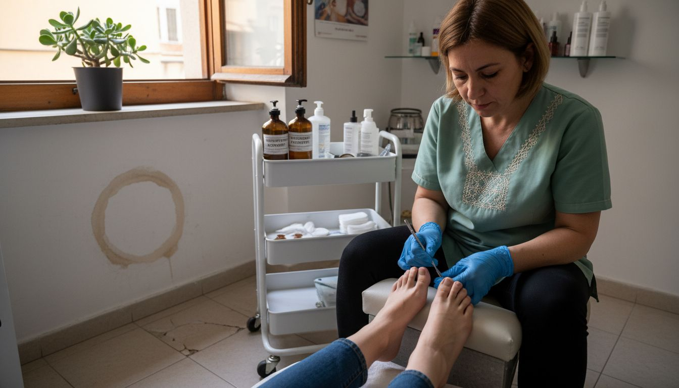 Una professionista della pedicure si prende cura dei piedi di una cliente all’interno di un salone di bellezza.