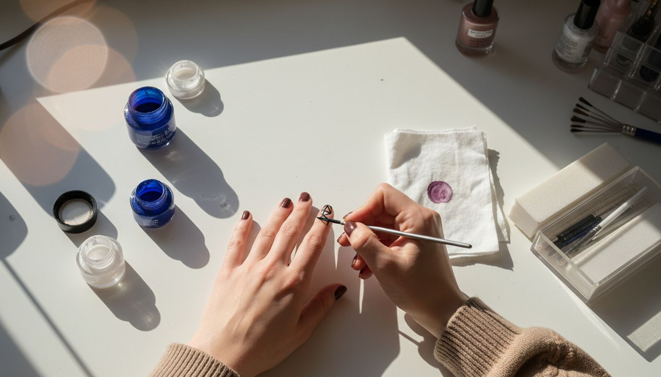 Mani impegnate a realizzare una nail art curata nei minimi dettagli su un tavolo da lavoro.