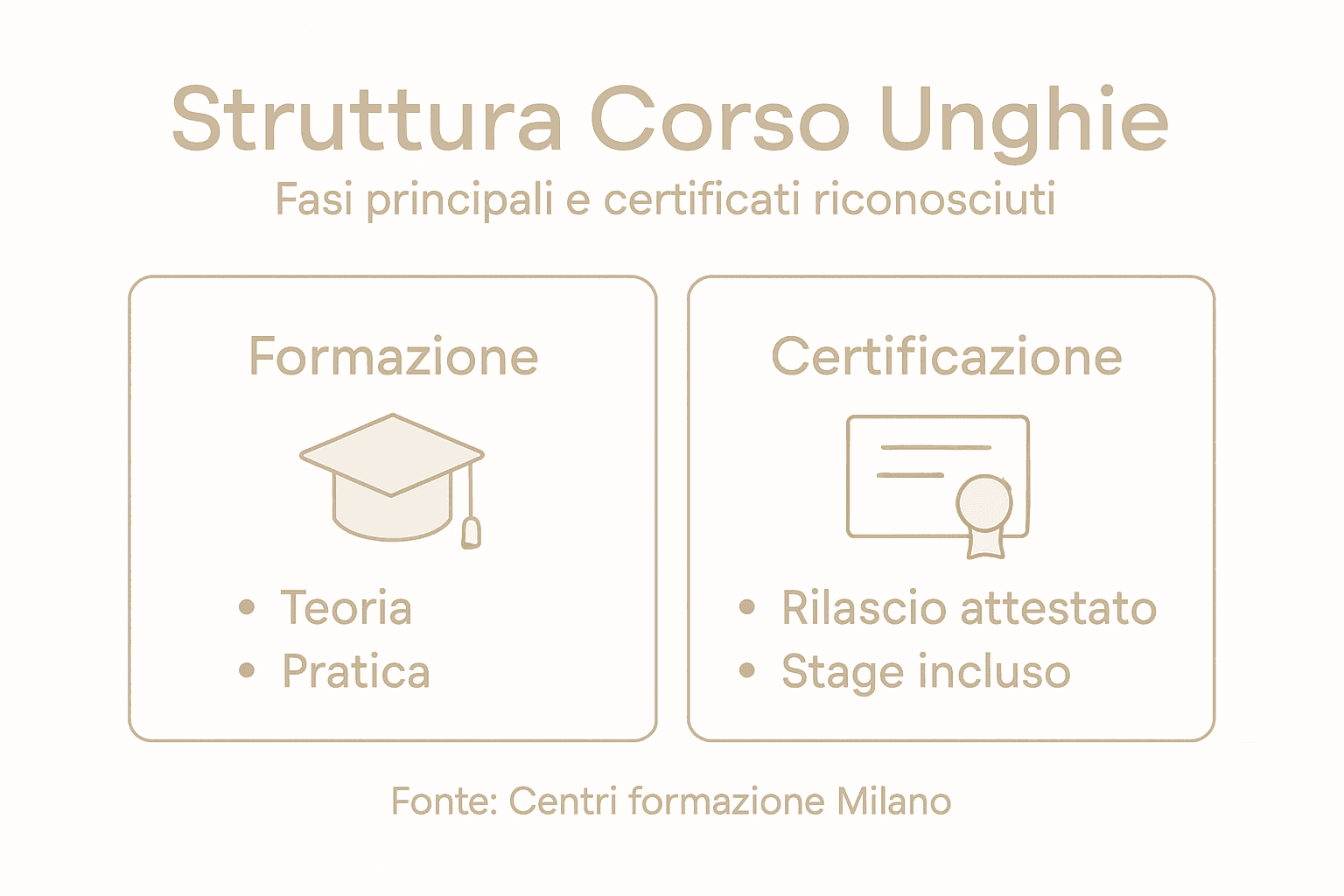 Grafica illustrativa che spiega come è strutturato il corso di ricostruzione unghie e quali certificazioni si ottengono