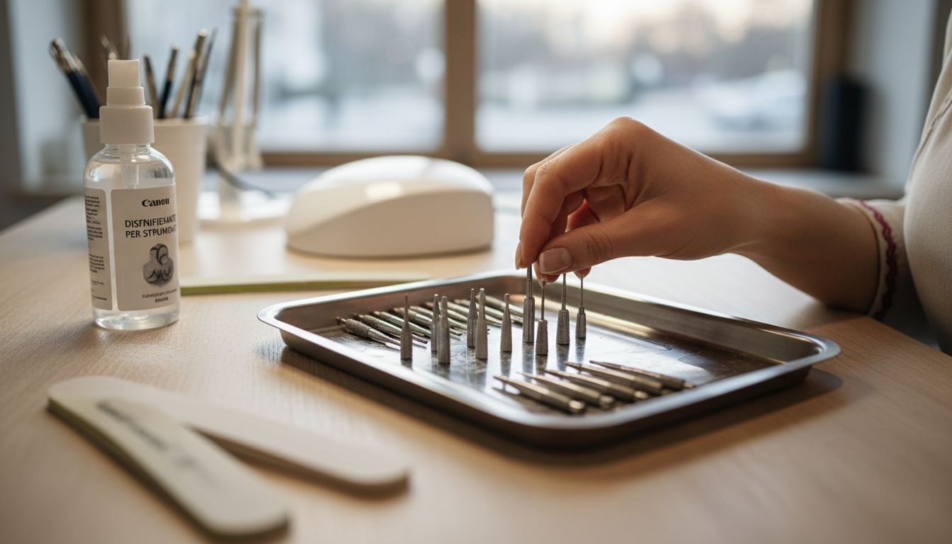 Primo piano degli strumenti per la manicure russa disposti su un vassoio