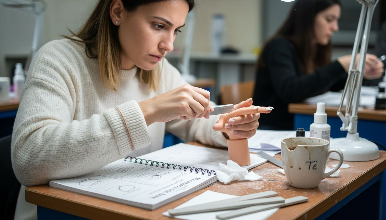 Un'estetista si esercita nella limatura delle unghie durante una lezione in aula.