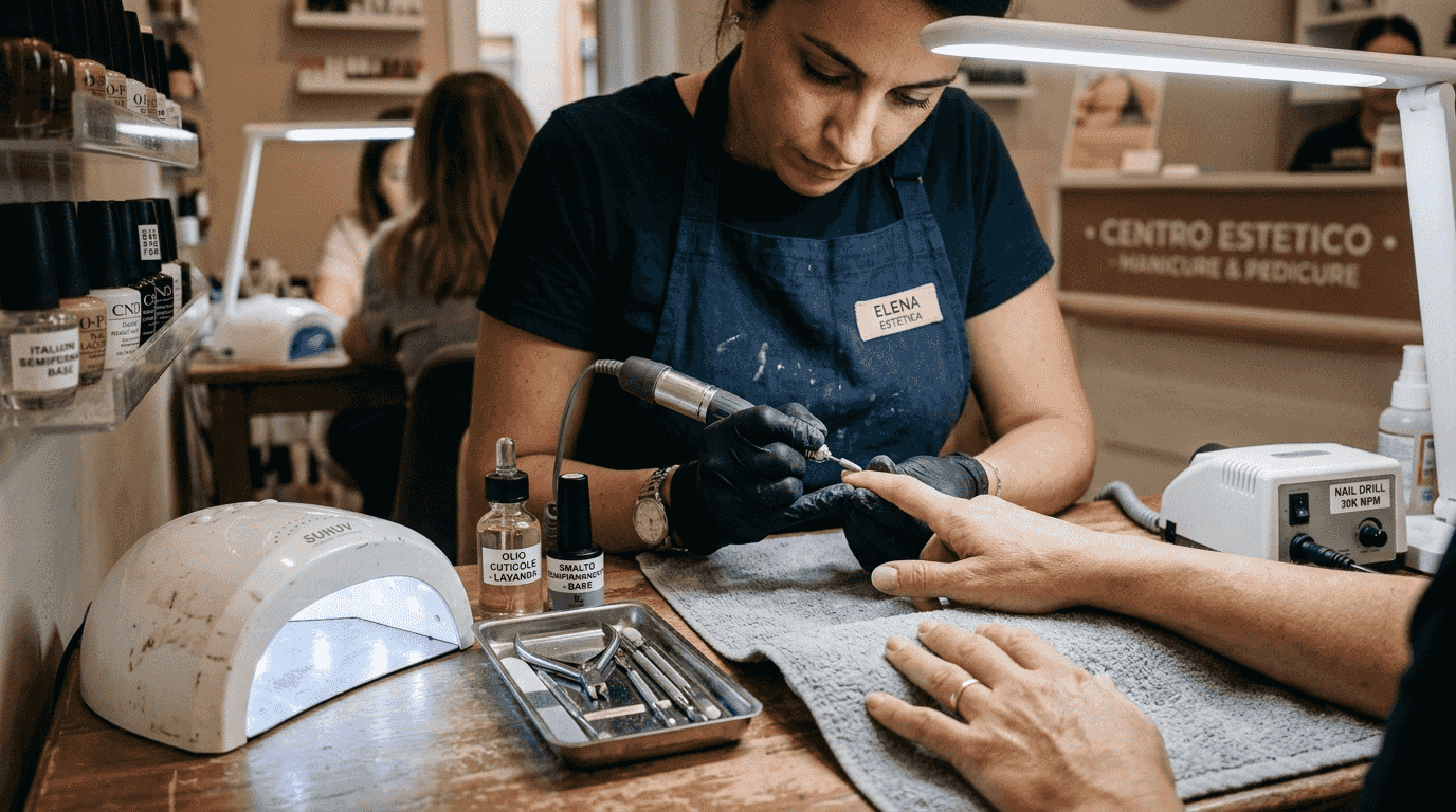 Estetista specializzata in manicure russa con smalto semipermanente