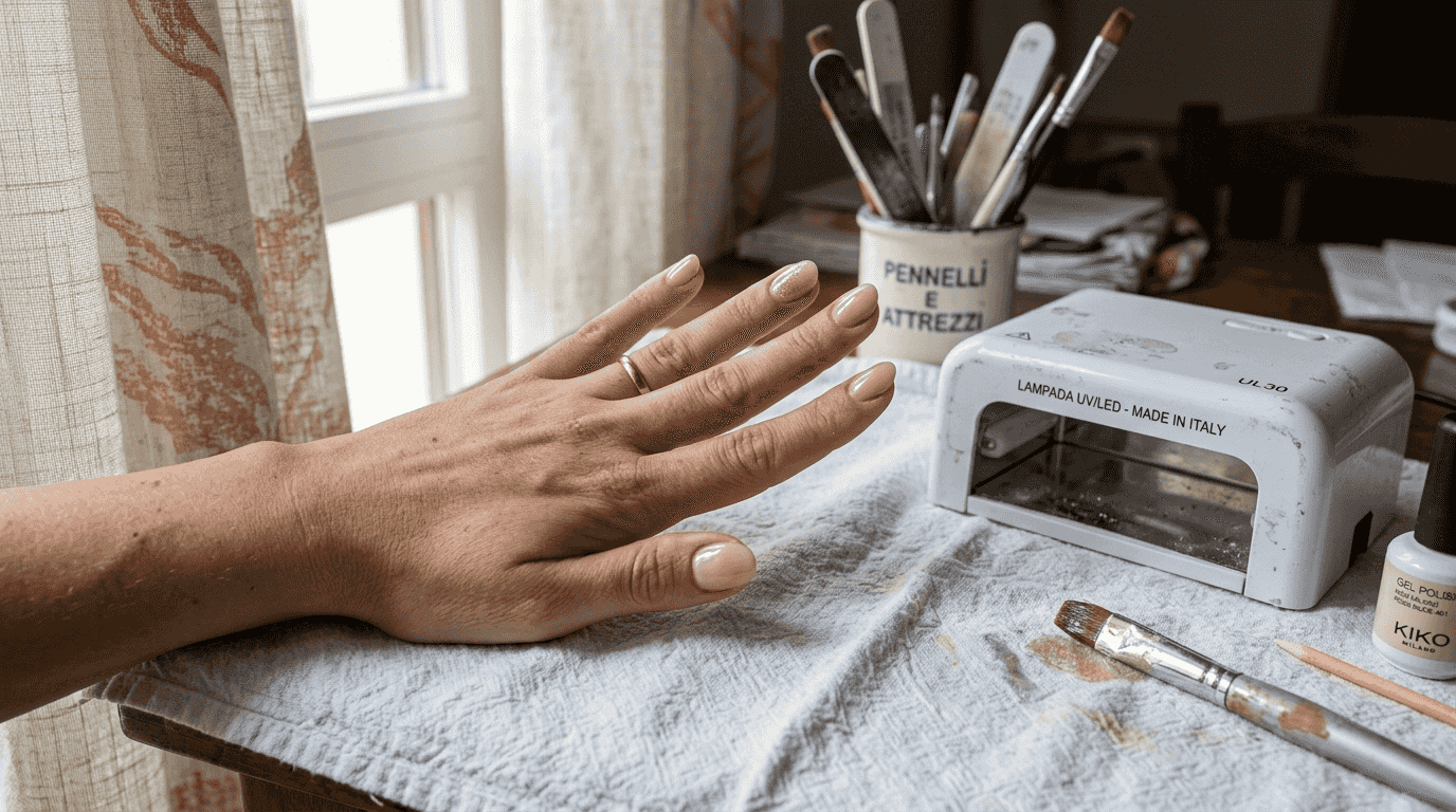 Mano con unghie in acrigel perfettamente rifinite in primo piano