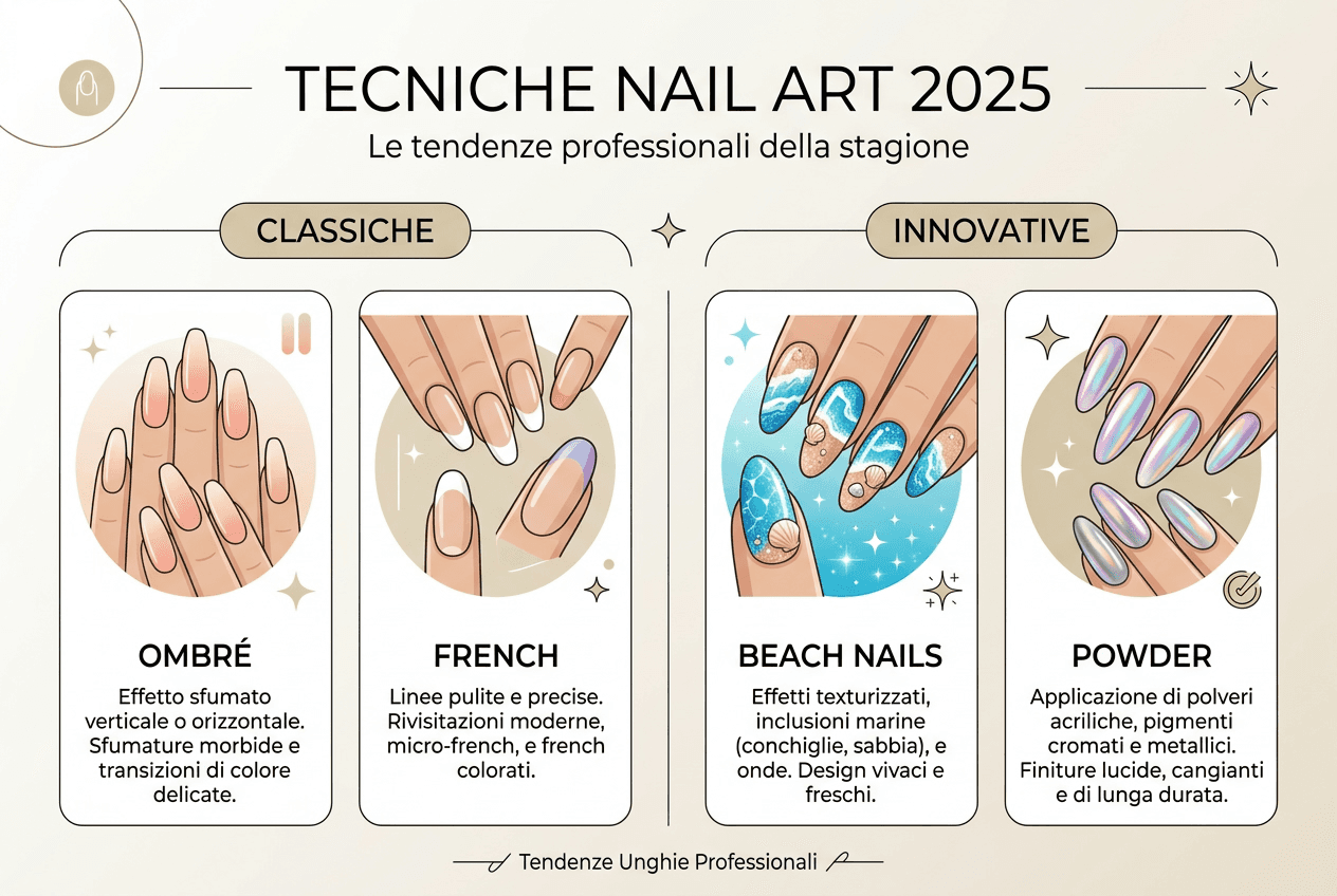 Scopri tutte le nuove tendenze della nail art: una panoramica sulle tecniche più innovative e popolari del 2025, spiegate in un'infografica chiara e completa.