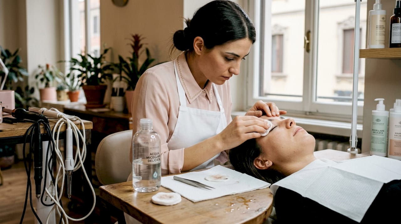 L’estetista si occupa della pulizia delle ciglia utilizzando prodotti specifici per la preparazione.