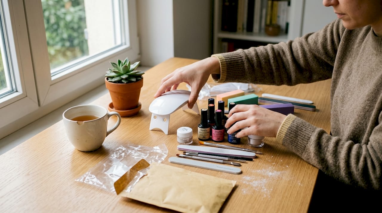 Tutti i prodotti del kit unghie disposti sul tavolo: ecco cosa contiene