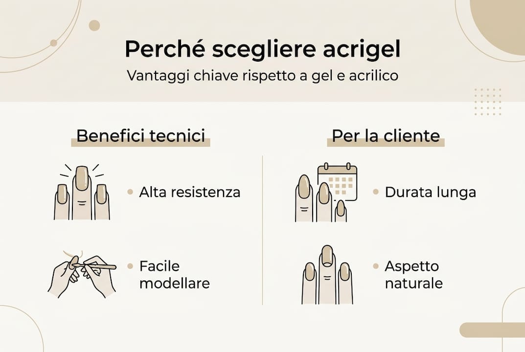 Infografica: tutti i vantaggi dell'acrigel rispetto al gel e all'acrilico