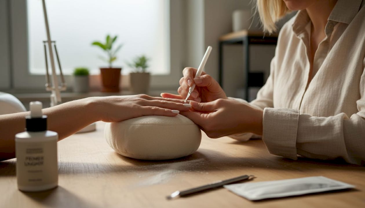 Dettaglio dell’applicazione dell’acrigel sulle unghie e panoramica degli strumenti utilizzati