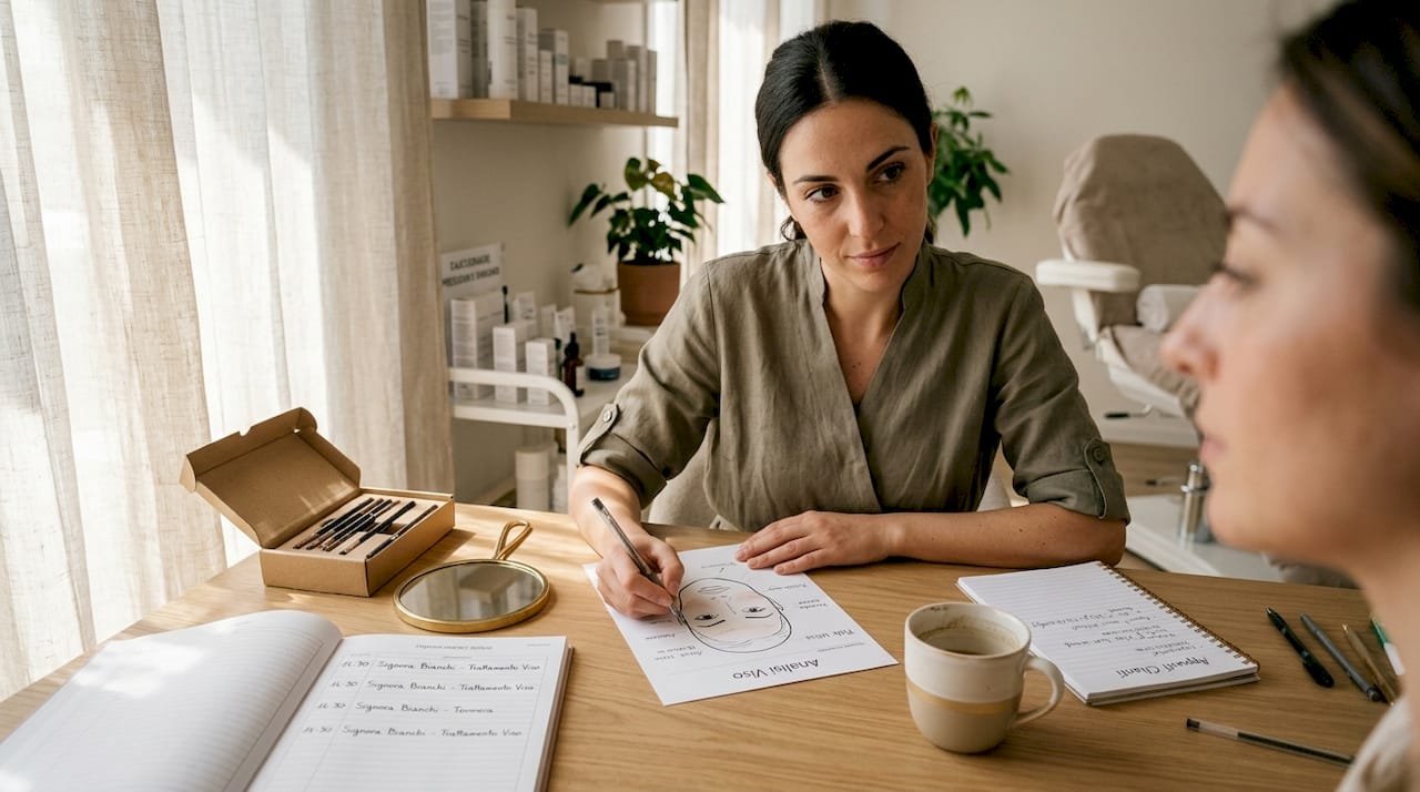 Estetista che analizza sopracciglia e mappa del viso