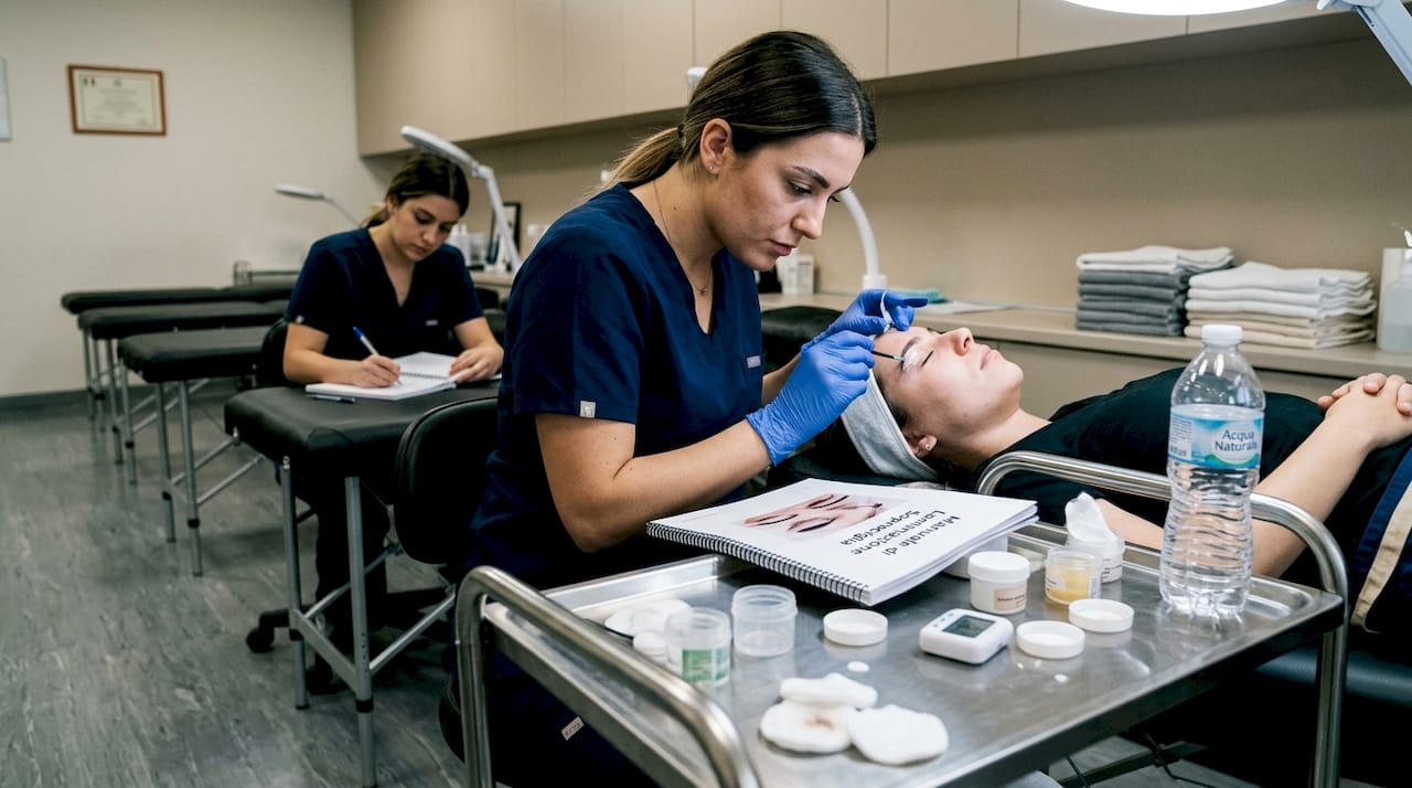 Allieva alle prese con la laminazione delle sopracciglia su una modella
