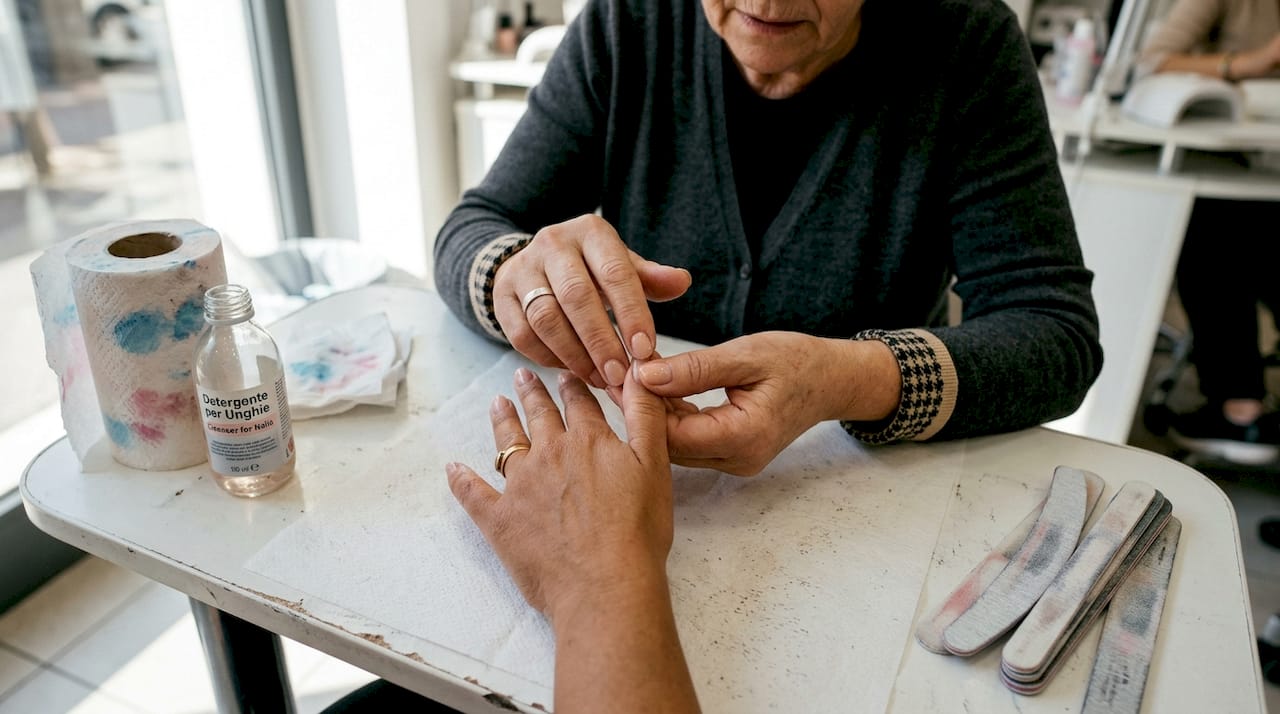 Mani che osservano il risultato finale delle unghie in acrigel