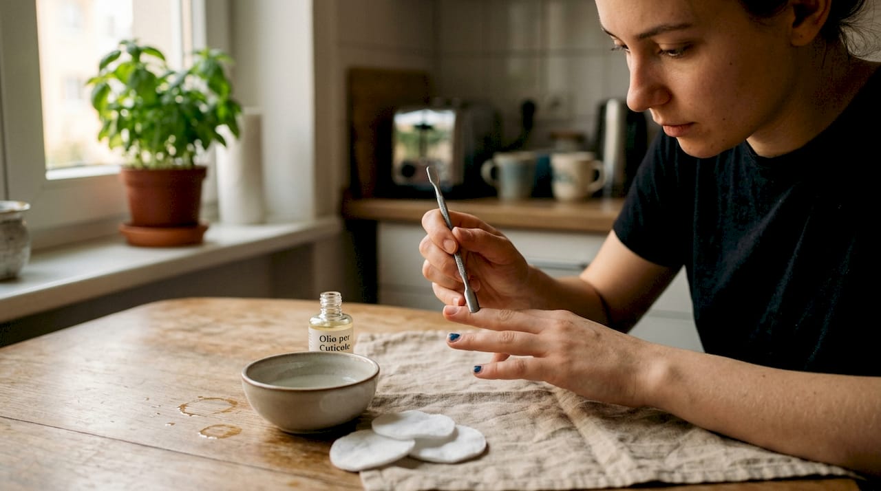 Donna che si prende cura delle unghie spingendo delicatamente le cuticole