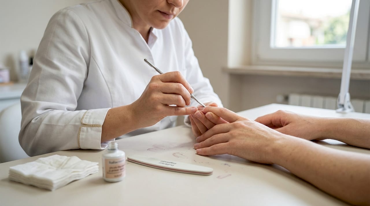 L’estetista si dedica alla preparazione dell’unghia naturale della cliente.