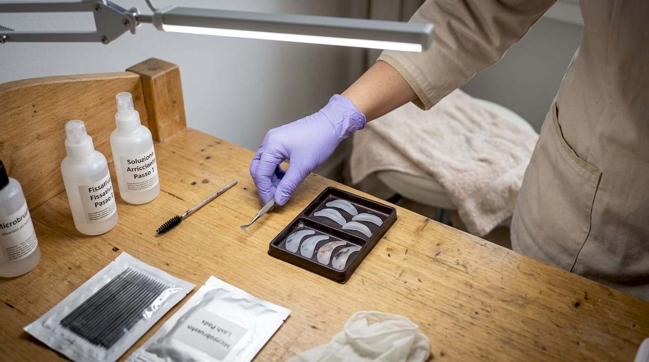 Kit per la laminazione delle ciglia pronto all’uso sul tavolo dell’estetista