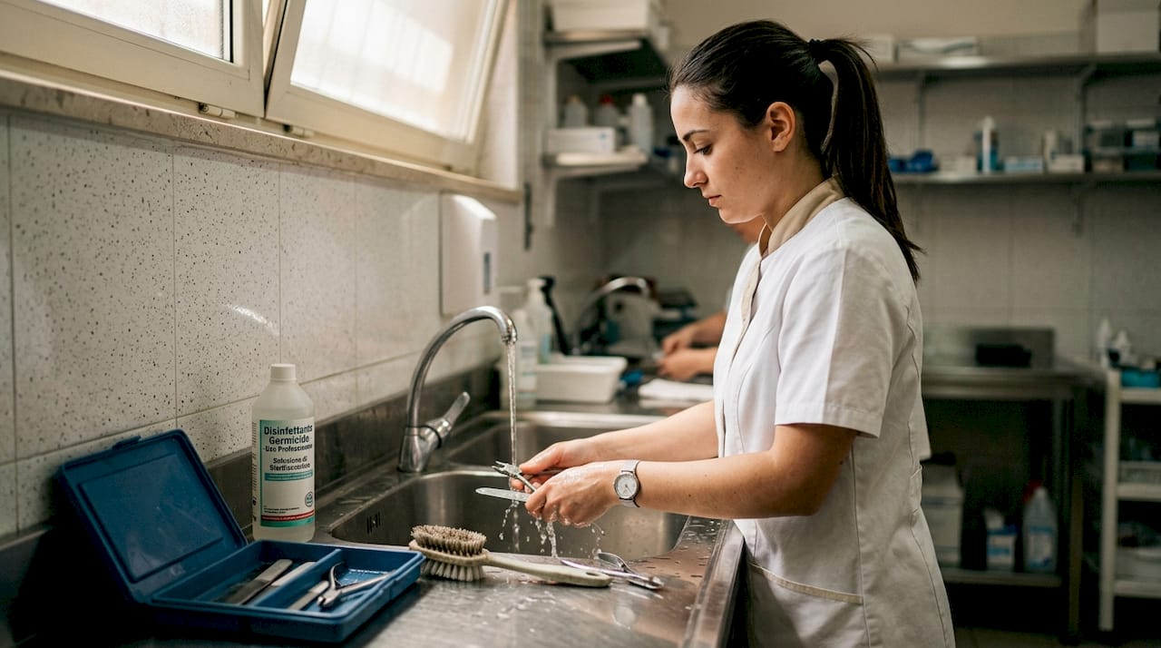 Un'operatrice sta pulendo gli strumenti per la pedicure al lavandino.