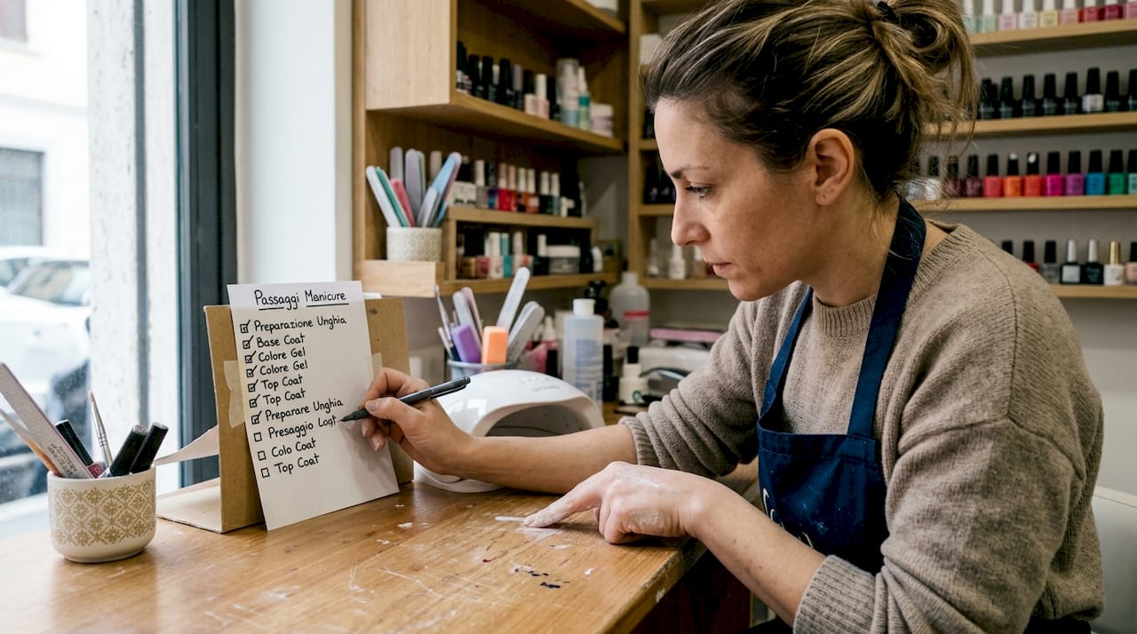Una donna controlla attentamente ogni passaggio della ricostruzione delle unghie con il gel seguendo una checklist dettagliata.